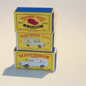 Matchbox Lesney 14 Lomas Bedford Ambulance box variations
