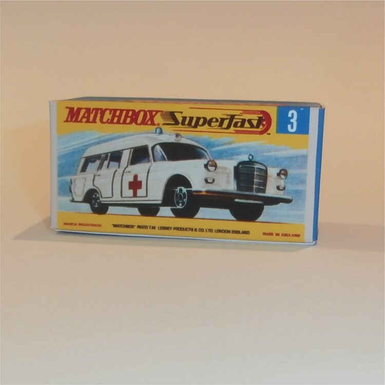 Matchbox Lesney Superfast  3 d Mercedes Ambulance G Style Repro Box
