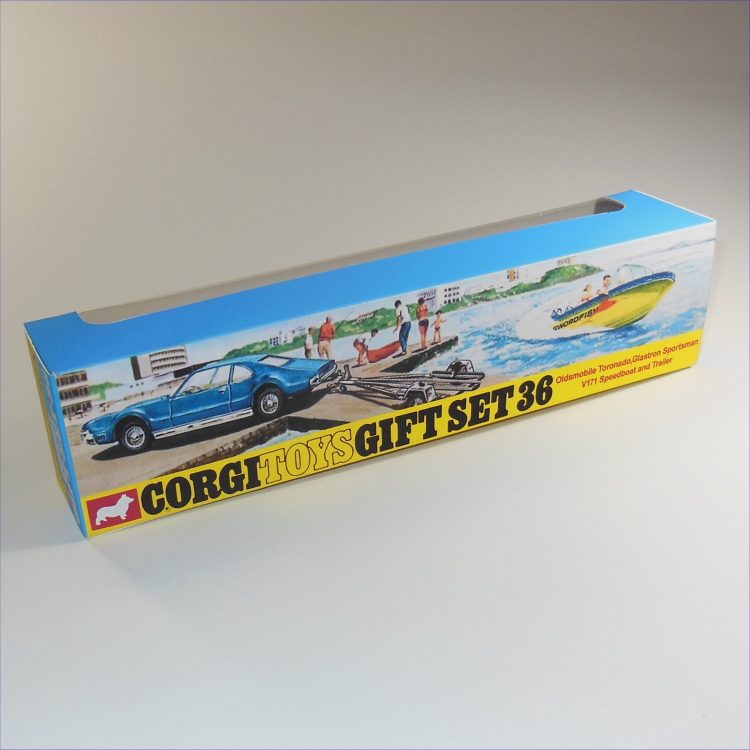 Corgi Toys Gift Set 36 Oldsmobile Toronado Glastron Boat Empty Repro Box & Tray - Image 2